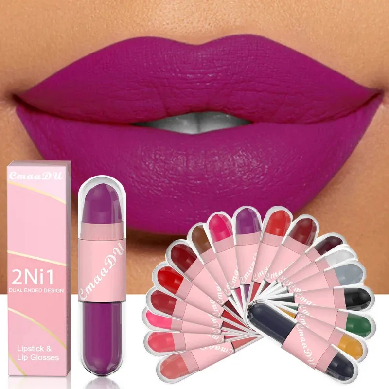 18 Colors 2 in 1 Matte Lipstick Liquid Purple Lip Glaze Double Head Makeup Lasting Waterproof Velvet Sexy Dark Red Lipsticks 240425