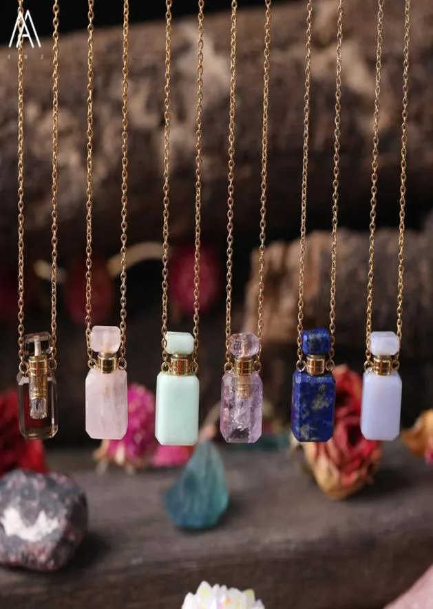 Pläterade guldkedjor liten parfymflaska naturliga ädelstenar pendantsquartz crystal eterisk olja diffusor vialhalsband charms1517098