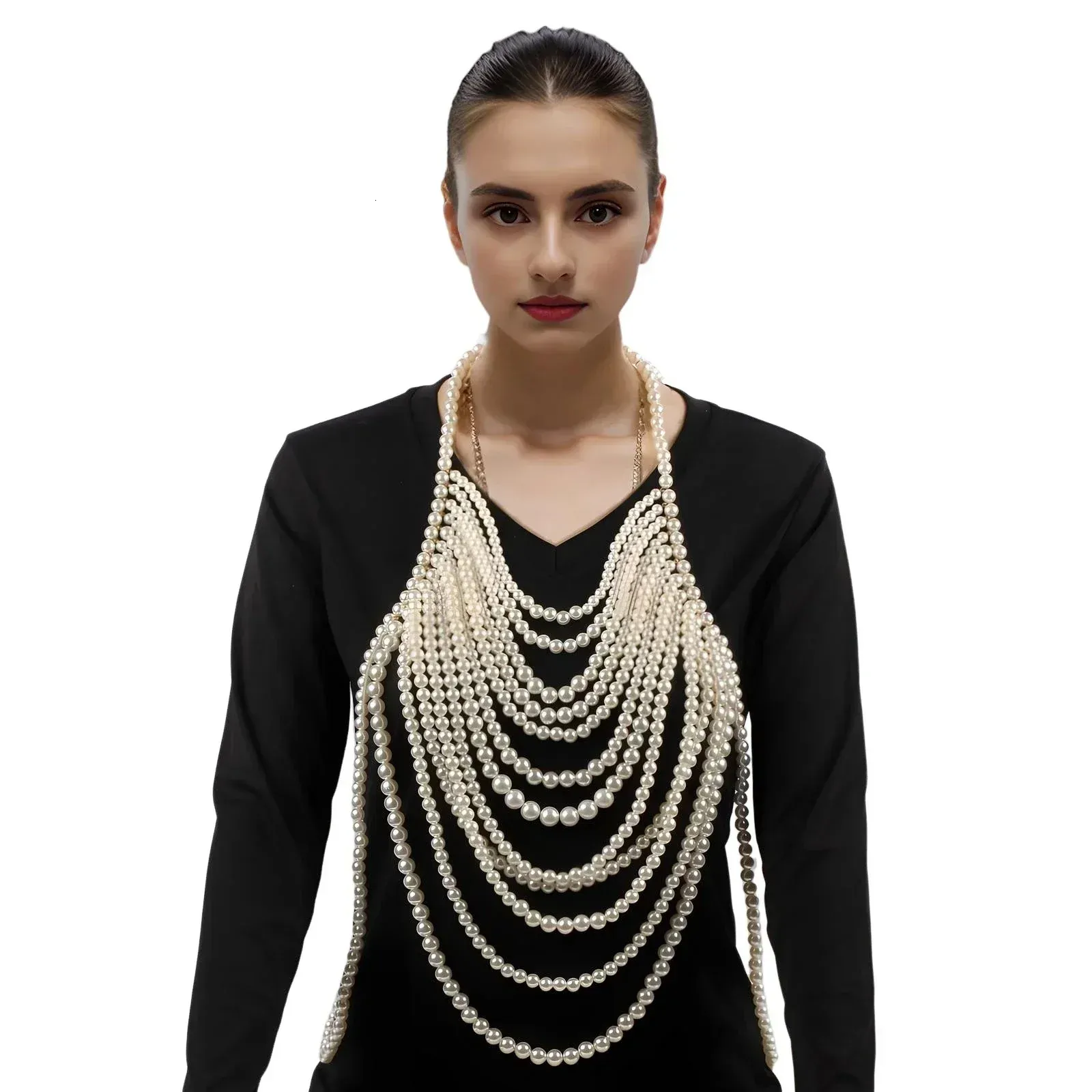 Pearl and Chain Statement Top Statement Pearl Body Chain Necklace - Y Drop Bra Top Costume  main image 3