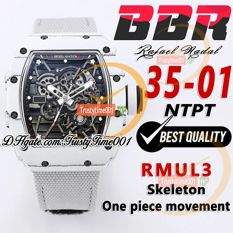 BBR 35-01 RMUL3 MEKANISK HANDVINNING MÄNS Titta på White Ntpt Carbon Fiber Case Skeleton Dial Grey Flätad nylonband Super Edition Sport TrustyTime001 Handsur