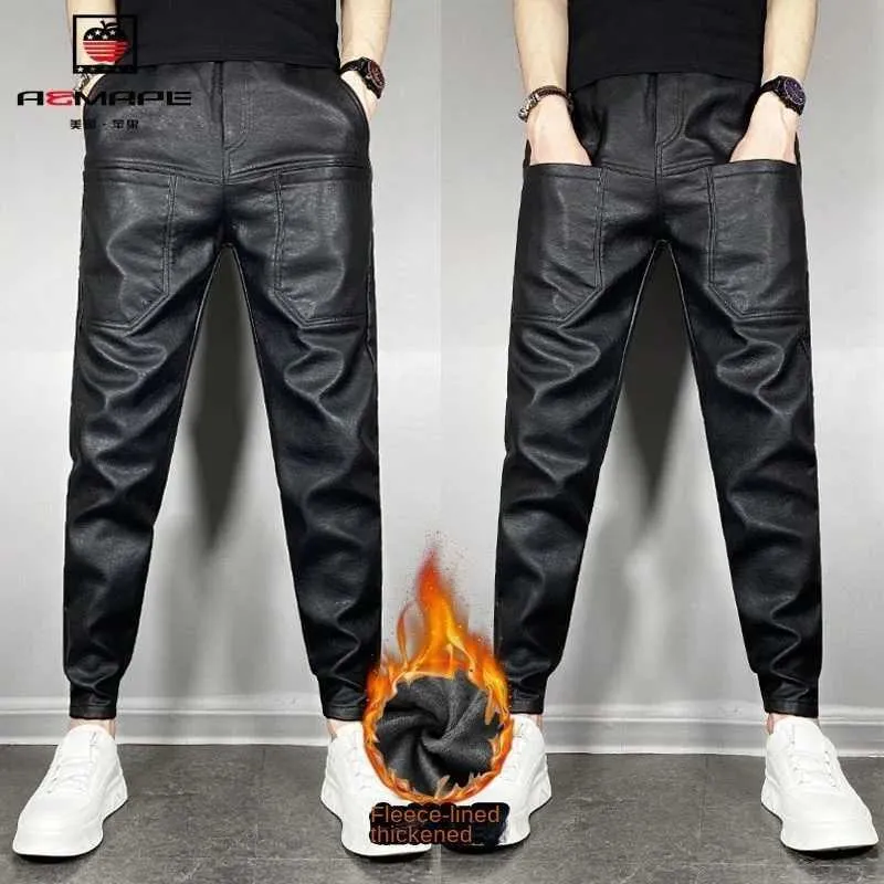 Heren jeans nieuwe aankomst winterheren casual faux lederen broek dikke motorbroeken warm warmte fleece waterbestendige zwarte ridder Q240427