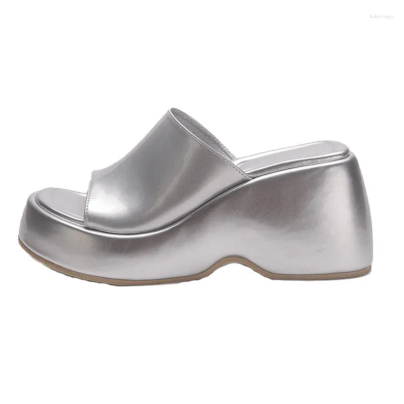 Slippers 2024 Summer Fashion Women's Sandals Thick Base Fish Mouth Platform Patent Leather Beach Shoes White Blue Big Size