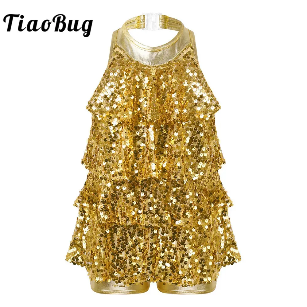 Kids Halter Shiny Seques Gymnastics Shorty Unitards Dress Girls Gallet Leotard Performance Stage Jazz Dance Costume 240412