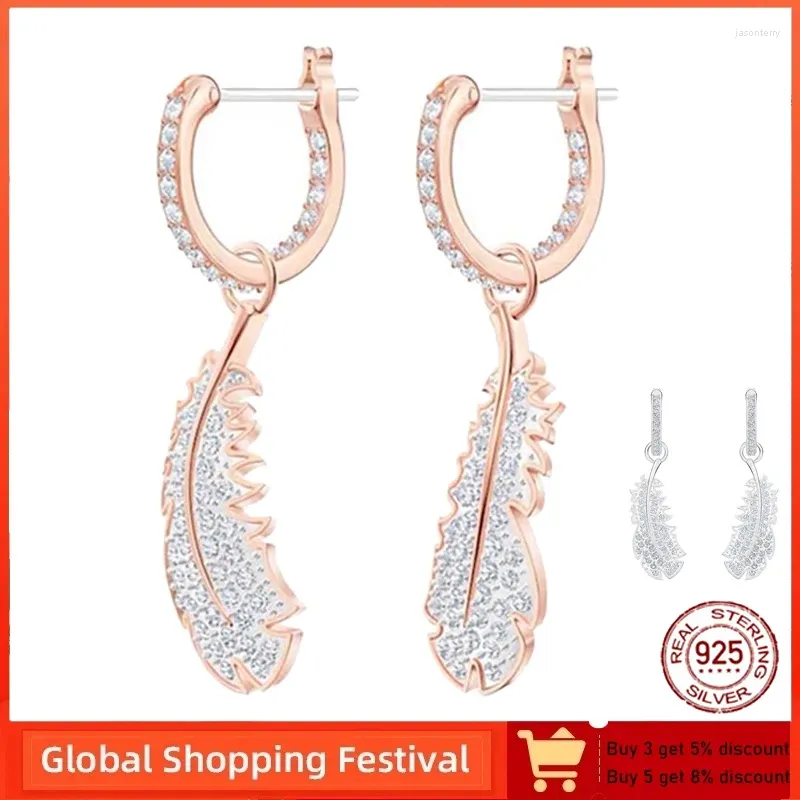 Pendientes de sementales S925 Plumas de plata para mujeres brillantes Zirconia Declaración de fiestas femeninas Joyas de joyas románticas