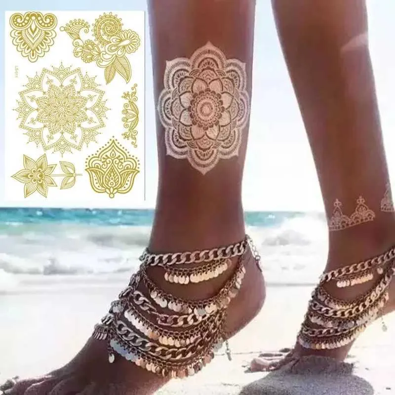 Tattoo Transfer Europe och America Hot Stamping Rose Gold Waterproof Fake Tattoo Stickers för Woman Sexig spets brud Datura Temporära klistermärken 240427