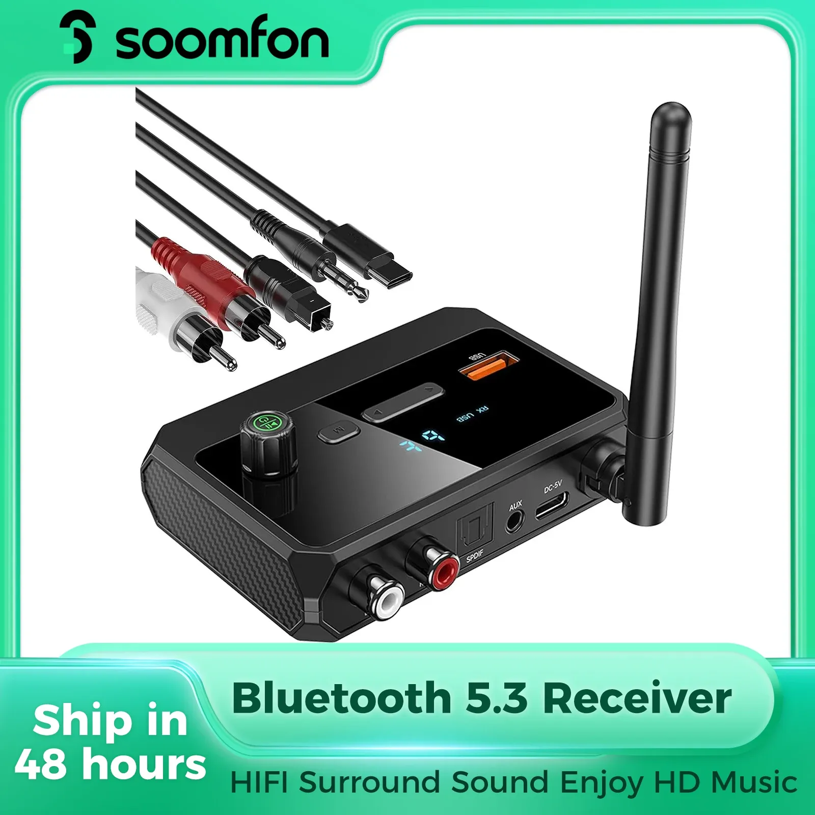 Adapter Bluetooth 5.3 Receiver Wireless Music Audio Adapter met AUX 3,5 mm RCA Optische ondersteuning Udisk voor Home Stereo Car TV PC -luidsprekers