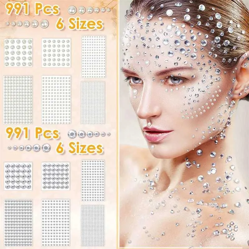 Transfert de tatouage 6PCS / Set Perle Rinason Face Stickers Diy Carnival Party Face Bijoux Eyes Rhingestone Artisanment Accessoires de décoration (3-10 mm) 240426