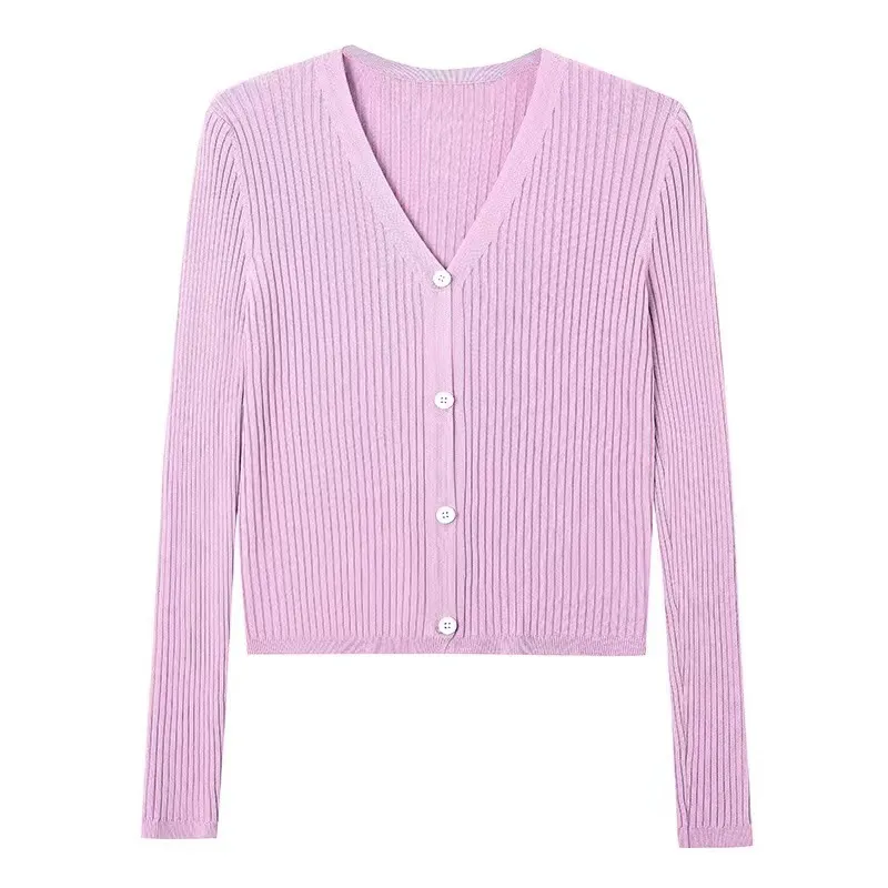 Summer New Ice Silk Cardigan Women Długie rękawowe odzież wierzchnia Koreańska wersja Szczupła krótka klimatyzowana koszula Cienka kurtka Knitowana krem ​​przeciwsłoneczna Krótkie filtry przeciwsłoneczne M l