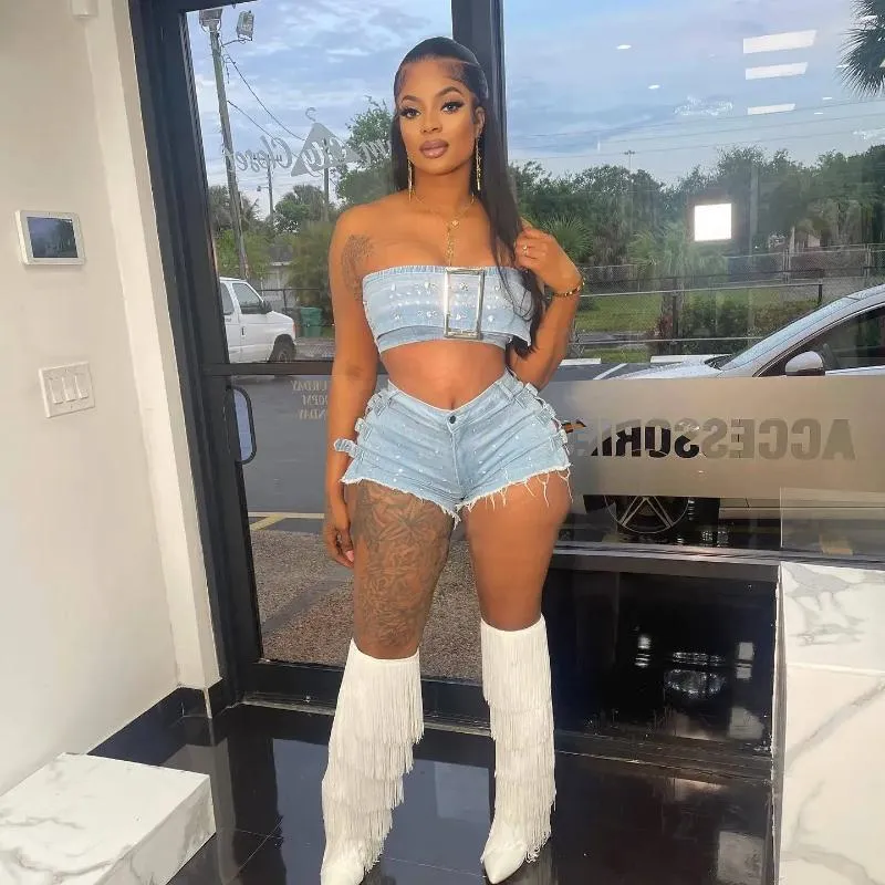 Women's Tracksuits Summer Denim Women Set Sleeveless Strapless Tops And Diamond Jeans Shorts 2024 Street Two 2 Piece Sets Outfit Tracksuit