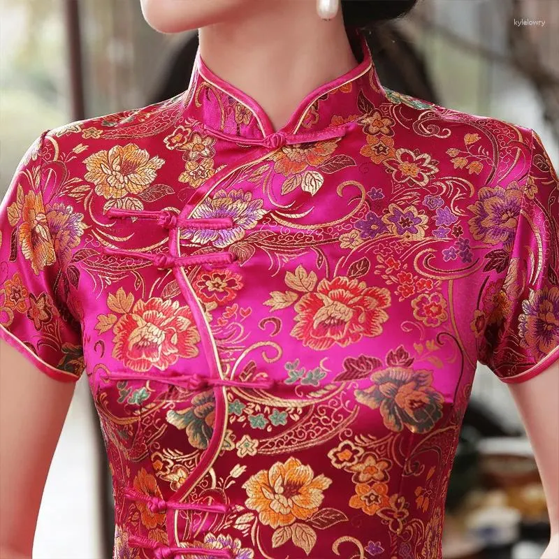 Ethnic Clothing Cheongsam Women's Summer Dress Vintage Button Down Qipao Lady Elegant Brocade Satin Vestidos Oriental Bride Wedding Dresses