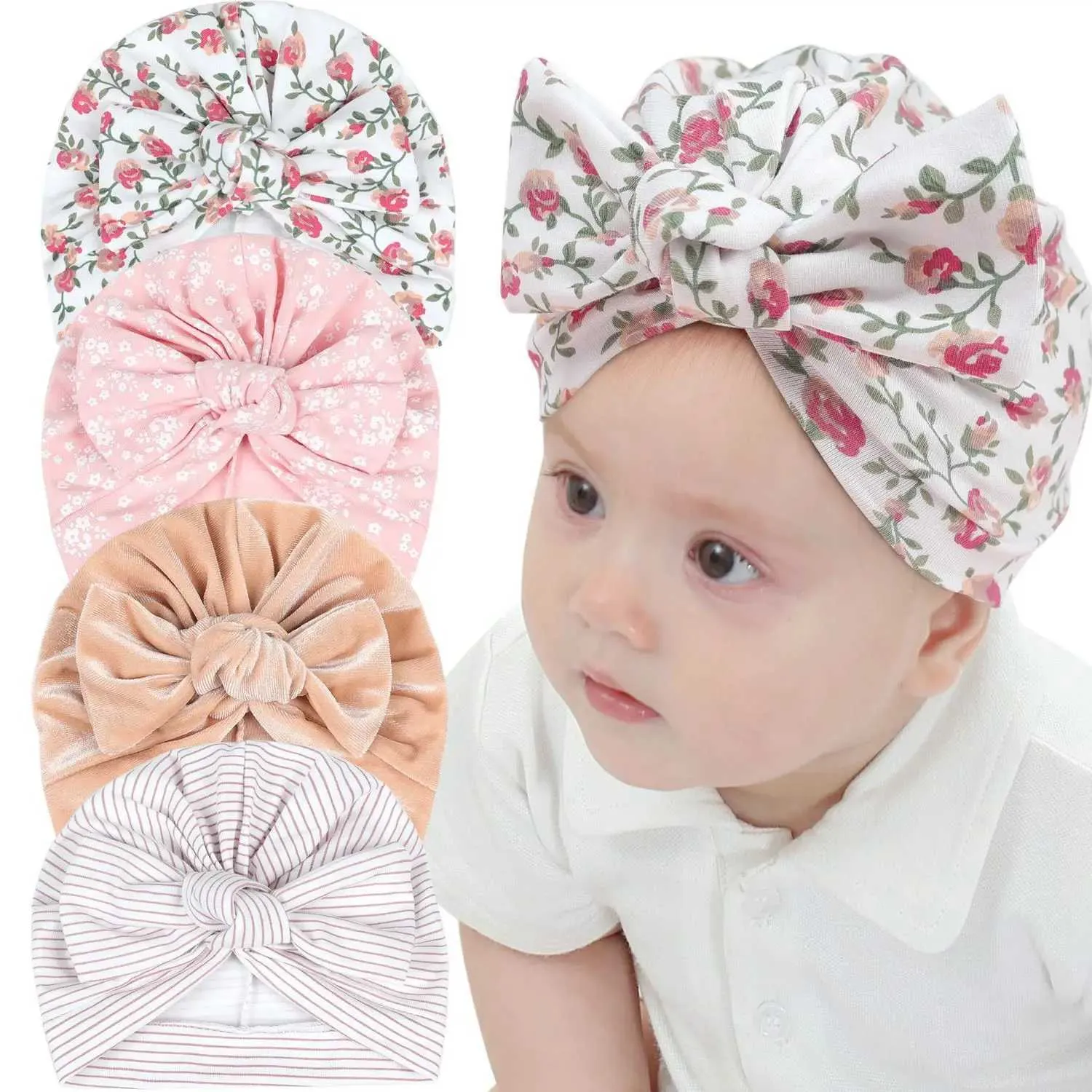 Bandanas Durag New Velvet Turbo Baby Beanie Caps Baby Hat Indian Girls Hat Turbo Flower Printed Baby Hat Baby Headband Childrens Headwear 240426