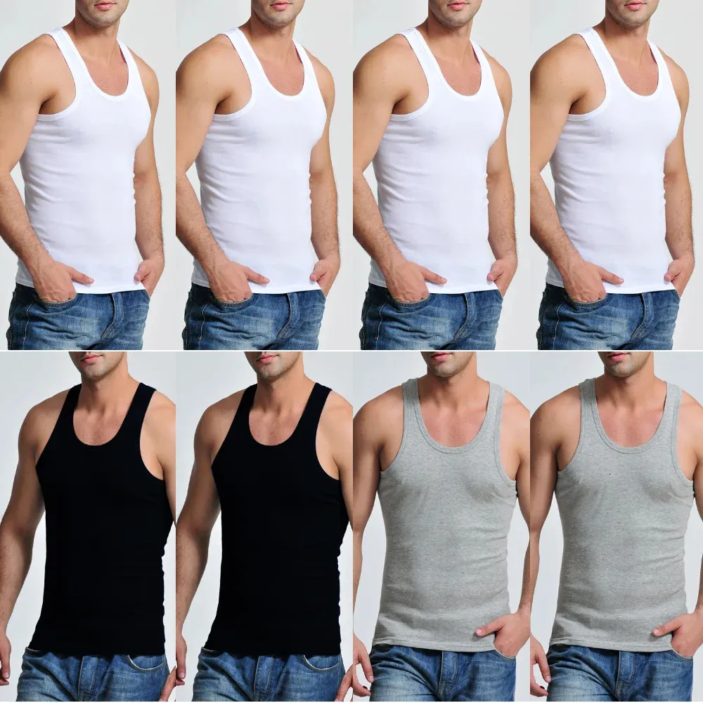 8 st bomull Mens är ärmlös tank top solid muskelväst män underskjortor o-hals Gymkläder tees toppar body hombre män kläder 240416
