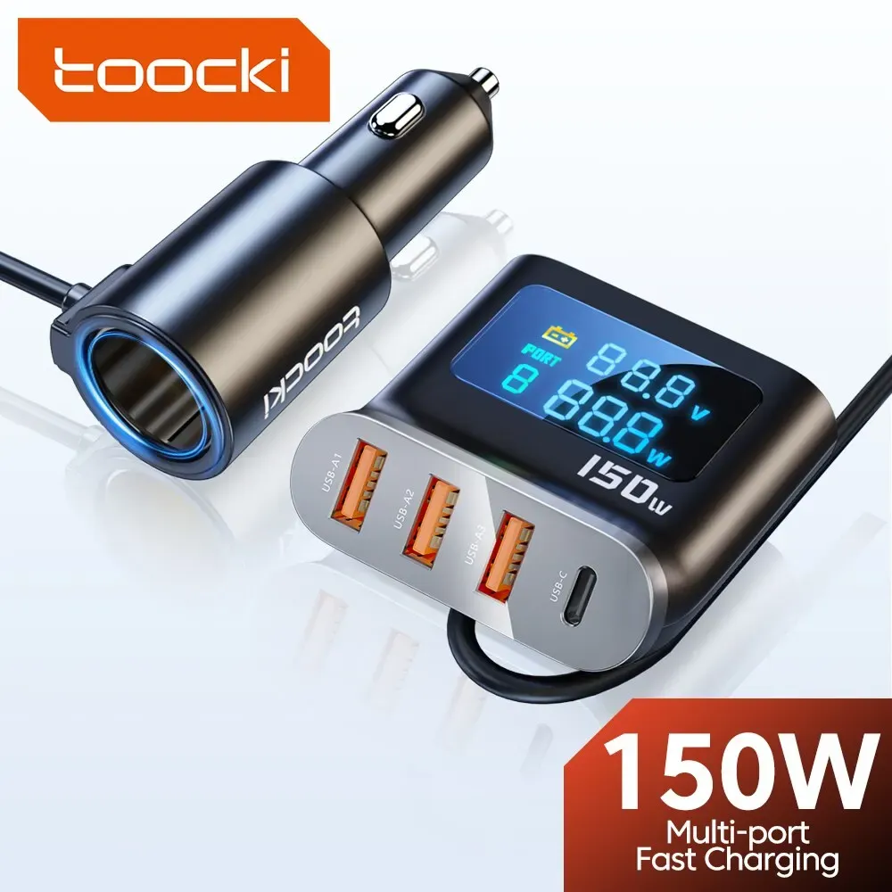 Заглушки Toocki 150W 5 в 1 CAR Charger Fast Charge USB Type C QC PD 3.0 1 Грезет сигарета.