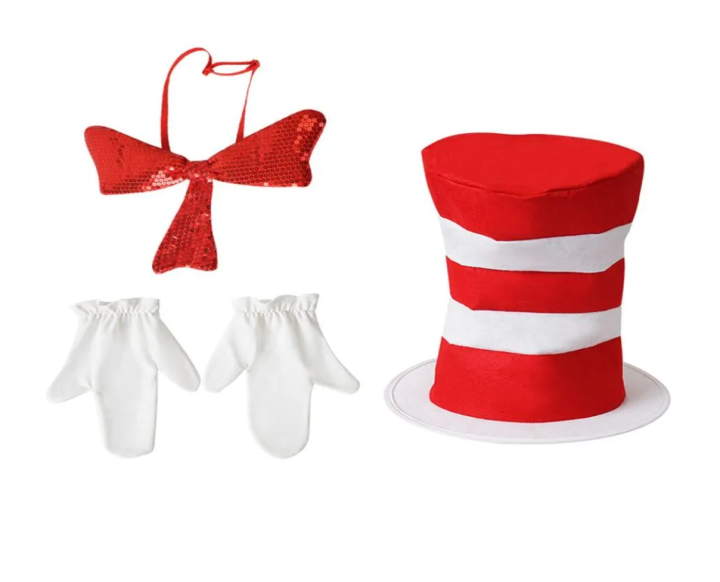 Mode High Stage Performance Hats Dr Seuss Hat Kids Red Witte Stripe Magic Hat Parns Bow Tie met handschoenen 3 stks kinderen PRECTION2176534