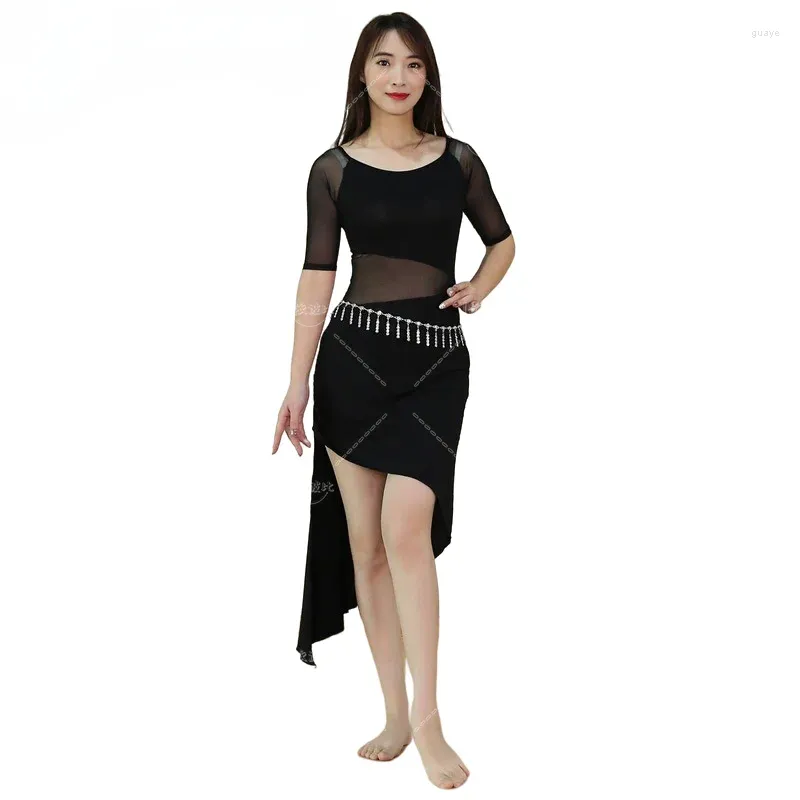 Stage Wear 2024 One Piece Modal Dress Outfit Bellydance Outfit Sexy Mesh Oriental Dance Practice Show Gonna Black Long Sleeve