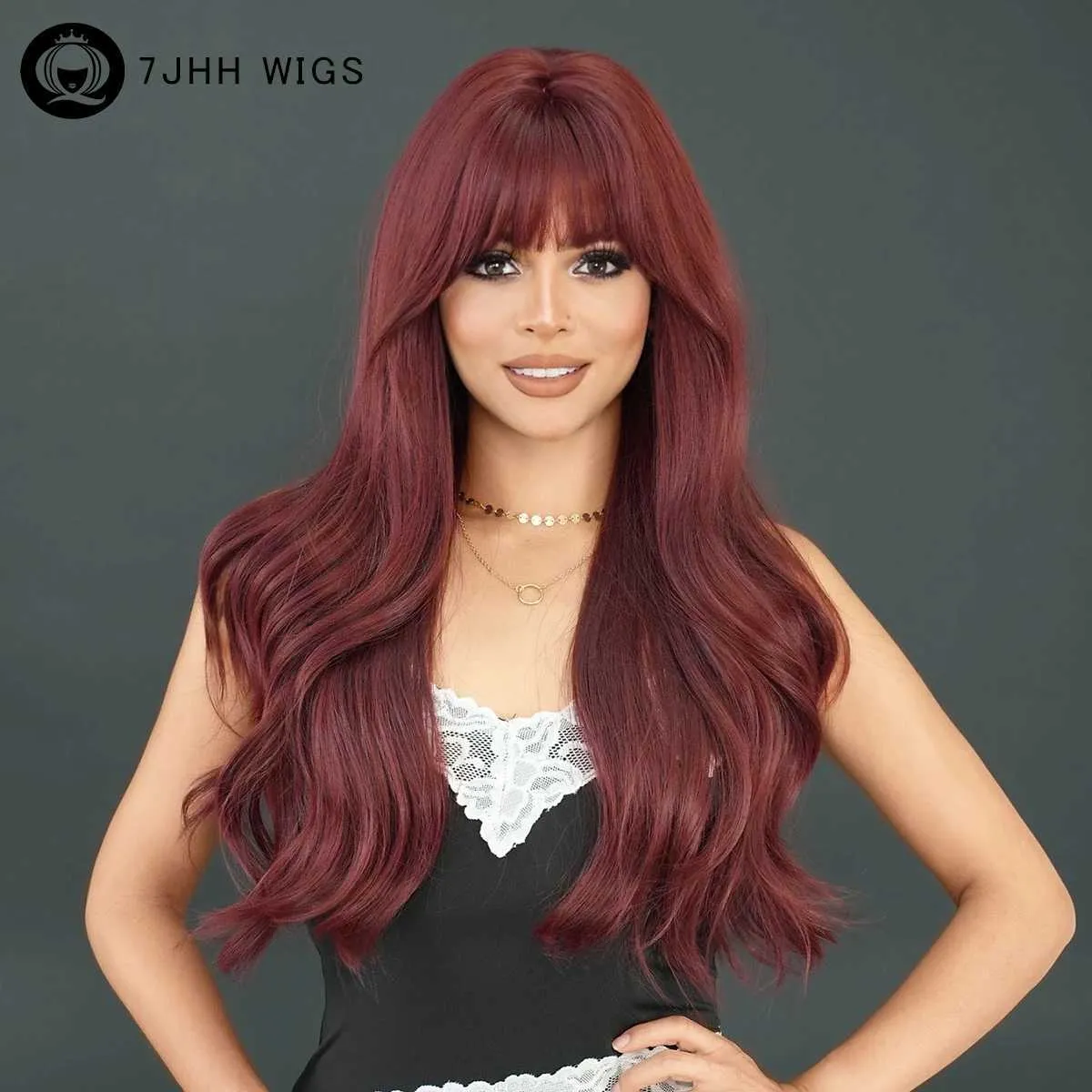合成ウィッグ7JHH WIG WOMENS LONG and LOAS WAWE WIG WAIG RED日常的な高密度合成層の暗い髪の暗い髪Q240427