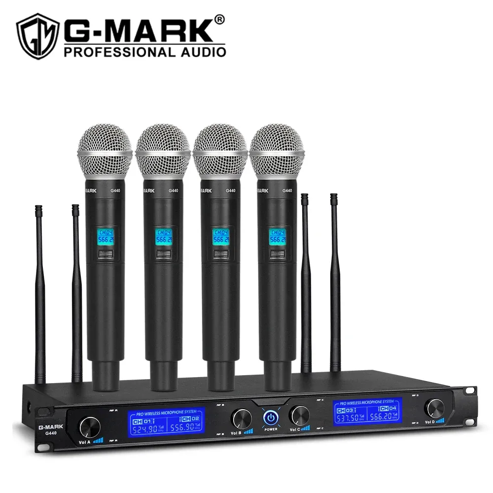 Micrófonos micrófonos inalámbricos gmark g440 4 canales micrófonos dinámicos de karaoke para la banda DJ Party Stage Church Show