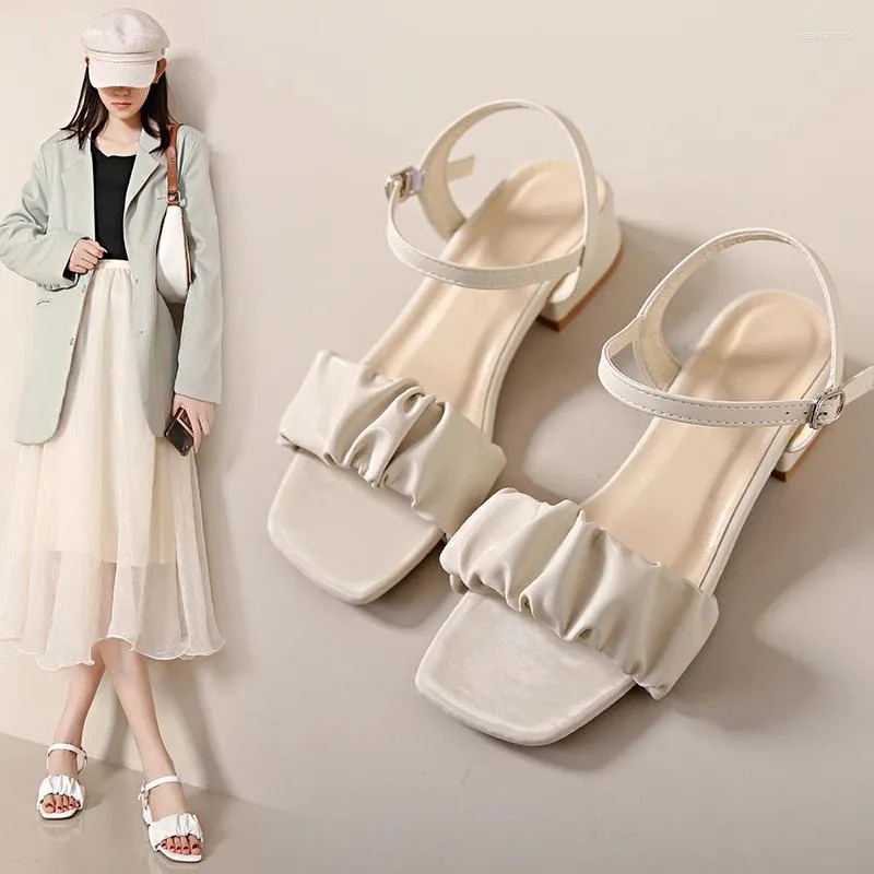 Casual Shoes Soft Leather Women's Summer Thick Middle Heel Fairy Style 2024 Roman Sandals