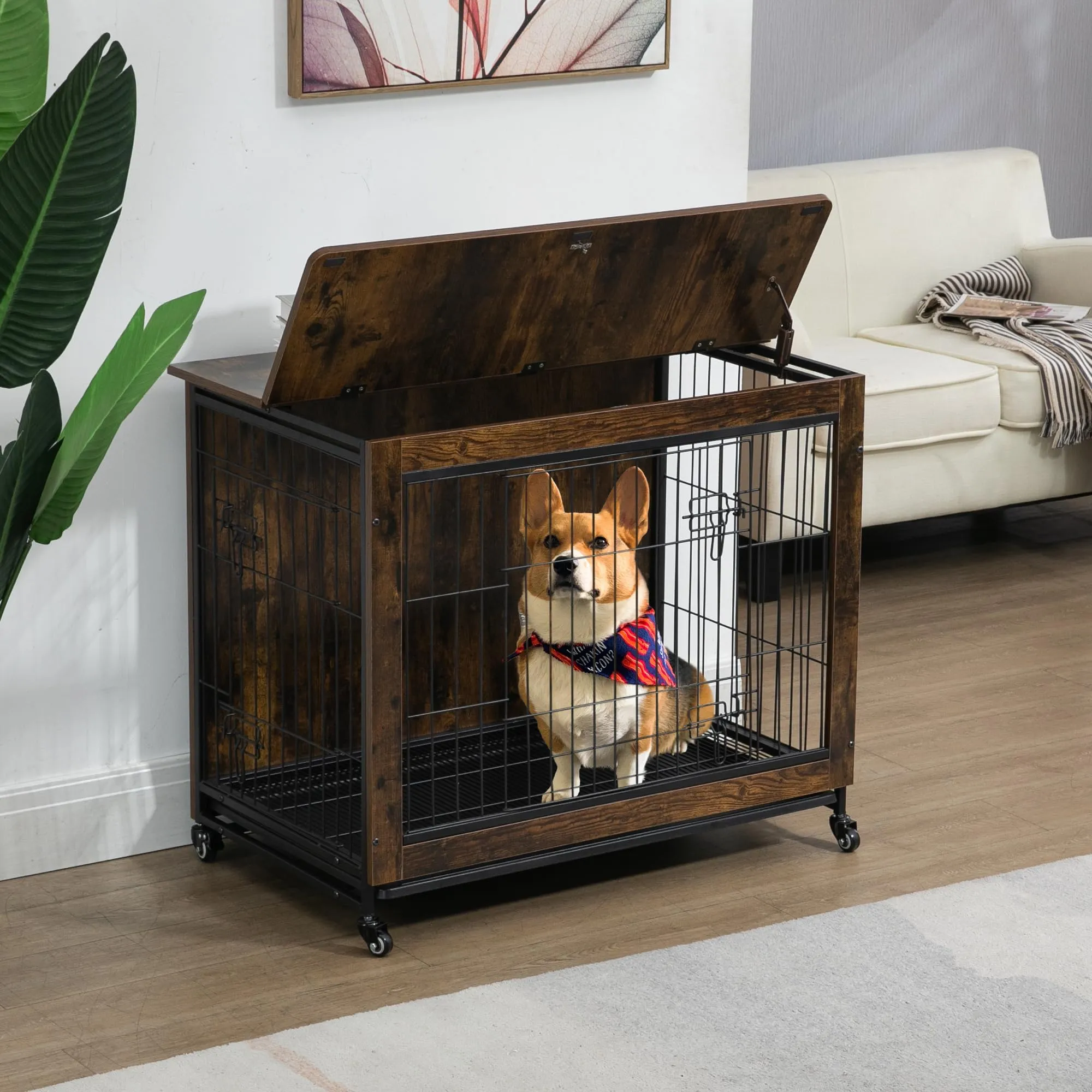 Premium Dog Crate Furniture with Cushion: Wooden Kennel End