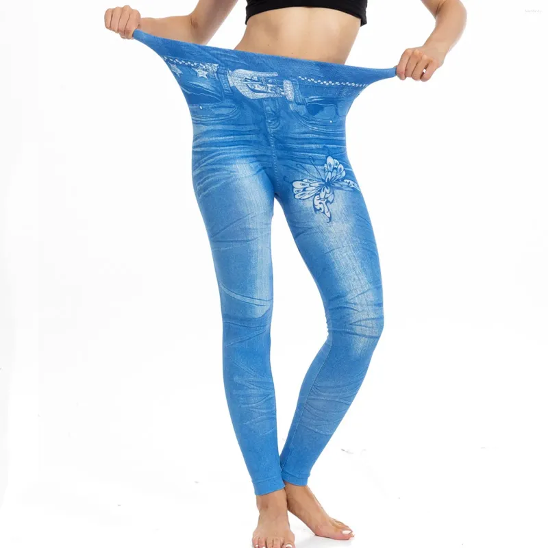 Kvinnors leggings Stylish Farterfly Printed Faux Denim Push Up Sexy Skinny Pants Elastic Waist High Rise Tights Women Pantalones