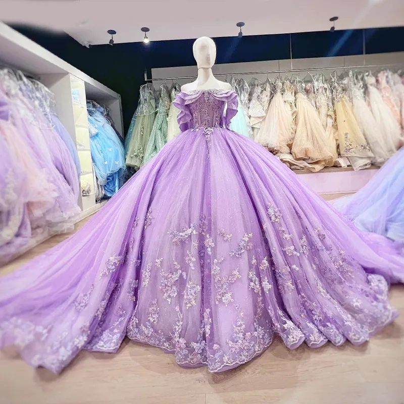 Lila Quinceanera Dresses Ball Gown For Sweet Girls Applique Lace Beads Tull Vestidos de XV Anos kralen Verjaardagsfeestjurk