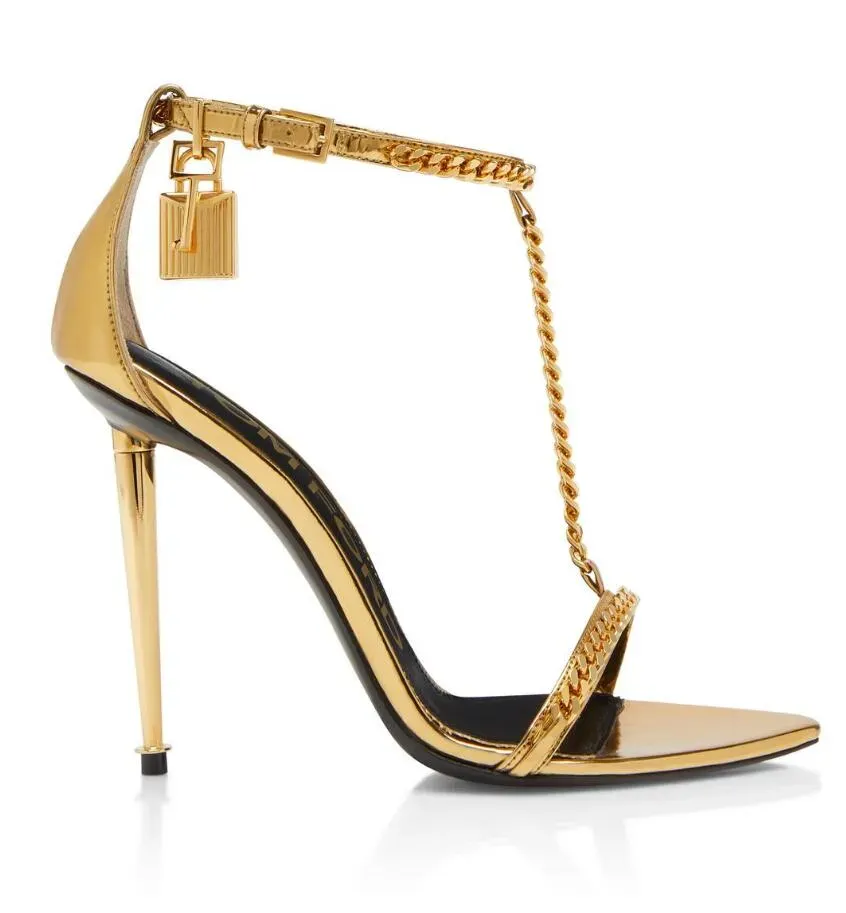 Principais marcas de luxo de verão sandálias sapatos de saltos altos vestidos de noiva de festas cadeia de ouro lin cadeado pontudo lady lady gladiador sandalias nude preto eu35-43