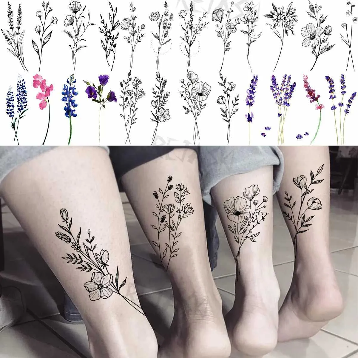 Tattoo Transfer Small Poppy Flower Temporary Tattoos For Women Adult Lavender Realistic Fake Tattoo Sticker Body Art Water Transfer Tatoos 240426