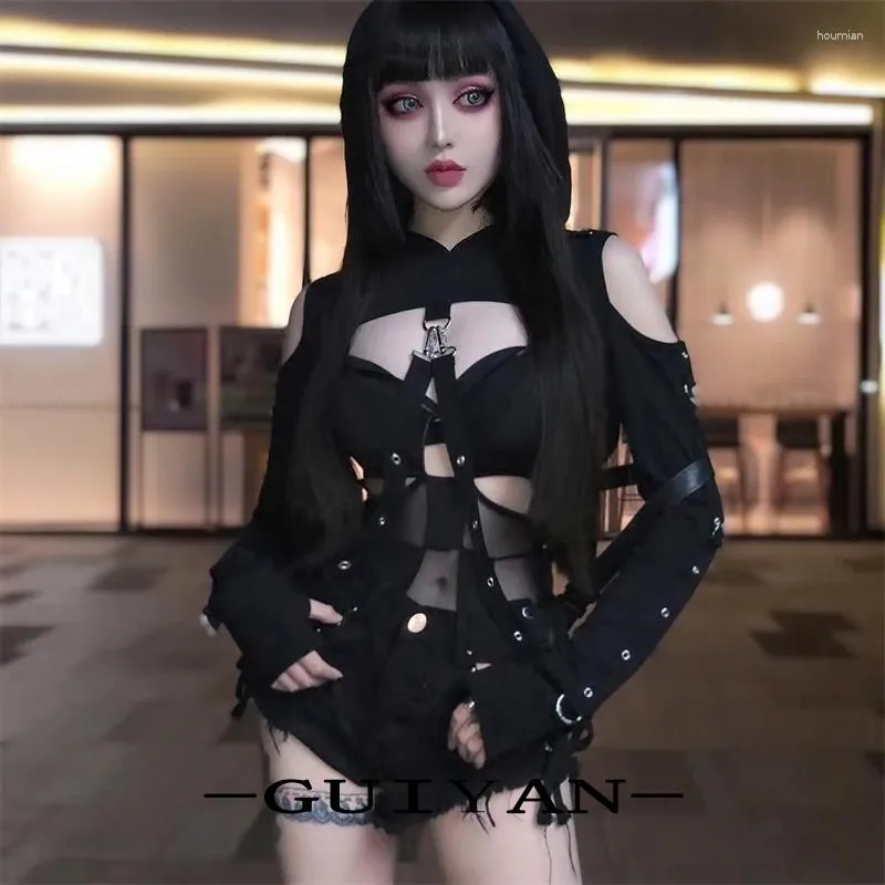 Kadın Hoodies Caz Dans Elbisesi Gotik Koyu Zincir Hoodie Uzun Kollu Gevşek Punk Kazak Siyah Kız