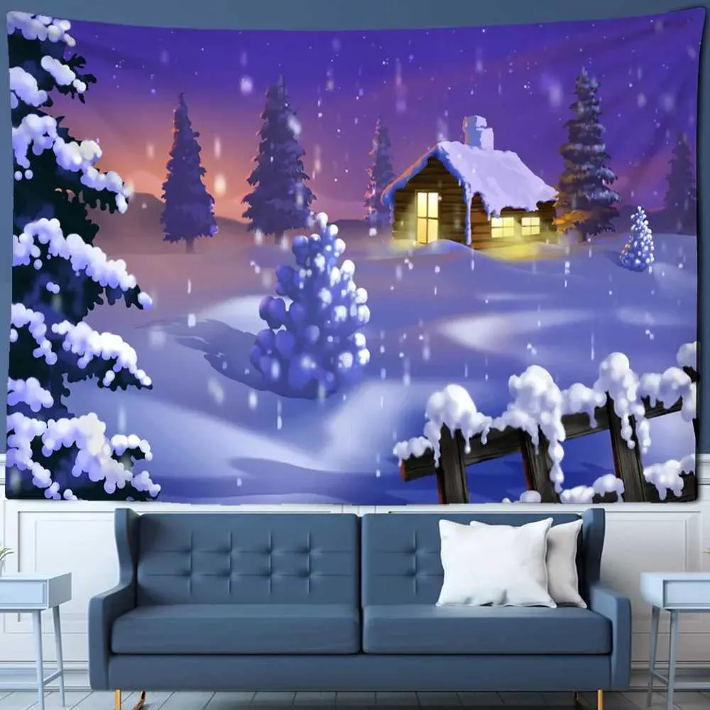 Tapisseries lce et neige arbre de Noël tapisserie psychédélique forêt hut mur suspendu cadeaux de vacances de style naturel décoration intérieure