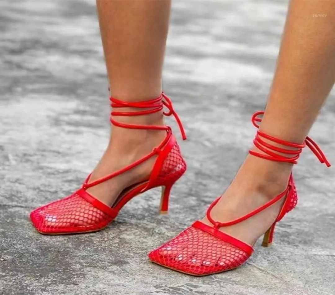 2021 Latest Designed TStrap Breathable Fishnet Shoes Sandals Women Square toe Lace Up Sexy Sandals Heeled Dress Shoes11341773
