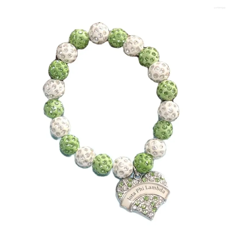 Charm armband grön vit kristallboll pärlast grekisk bokstav hjärtklistermärke iota phi lambda för kvinna