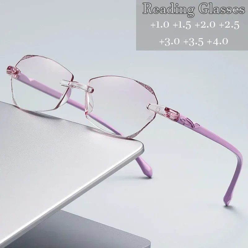 Solglasögon Färdig Rimless Reading Glasses Män kvinnors lyxdesign Diamond Cut Far Sight Eyeglasses Vintage Hyperopia Eyewear Diopter