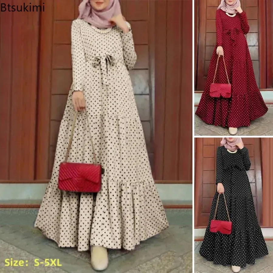 2024 Kadın Polka Dot Uzun Kollu Elbise Şık Kemerler Parti Çöp Gevşek Maksi Elbise Kadın Müslüman Kaftan Fas Abaya Hijab S-5XL 240415