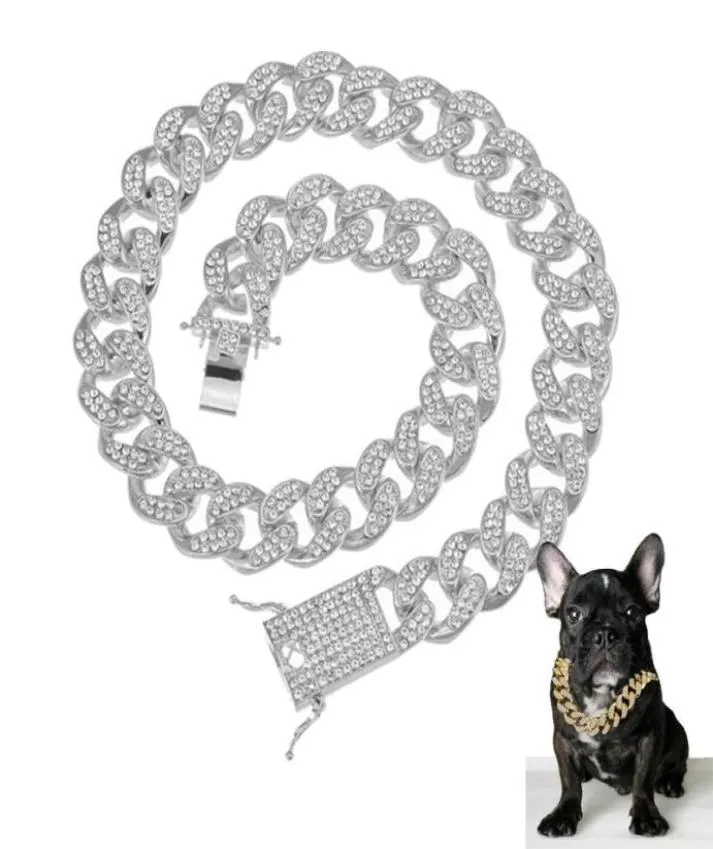 Collares colgantes CZ Collar de la cadena de perros Rinestono y correa Super Strong Metal Choque Silver Gold Pet Rope for Party Show8637104