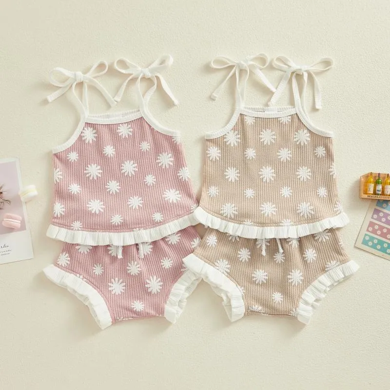 Clothing Sets Infant Baby Girl Summer Ribbed Outifts Cute Sleeveless Square Neck Ruffle Hem Cami Tops Elastic Waist Shorts Toddler Girls