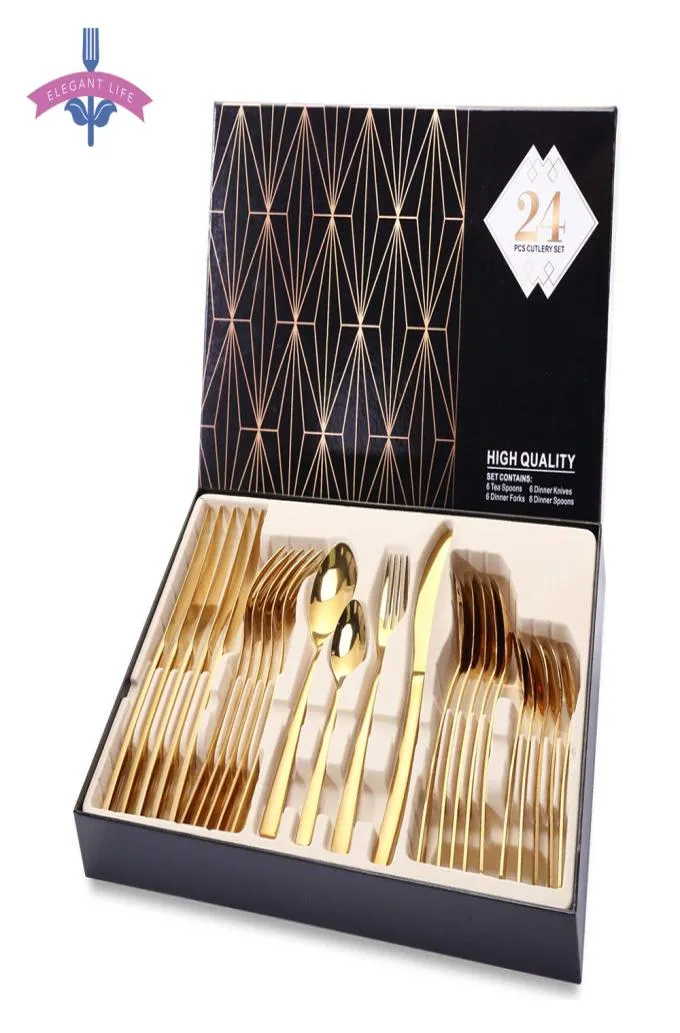 24pcs Gold Cutlery Dîner Set Cutlery Set Derge Distes Couteaux Forks Spoons Western Kitchen Dîle Varelle en acier inoxydable Vide-Table Home Sh13827800