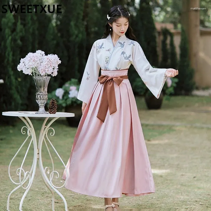Arbeitskleider Sweetxue Frauen Hanfu Chinesische Sommer Frauen Retro Bluse Mesh bestickter langer Rock Zwei-teiliger Anzug Feenmarke Elegante Set Lady