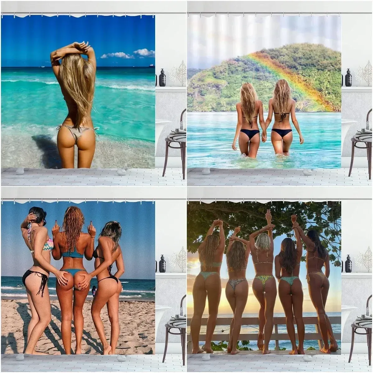 Gardiner duschgardiner vackra kvinnor sexig röv naken bysty bikini flickor på stranden bad gardin polyester tyg badrum dekorera