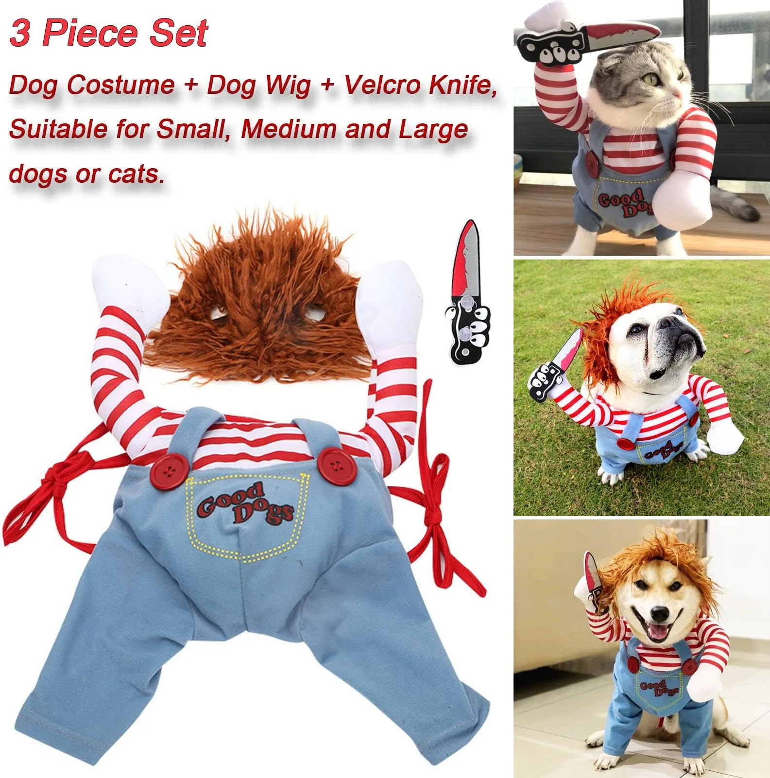 Pet Deadly Doll Hundekostüm – Gruselig-lustiges Halloween-Outfit Mit Perücke & Messer-Arm, Blau