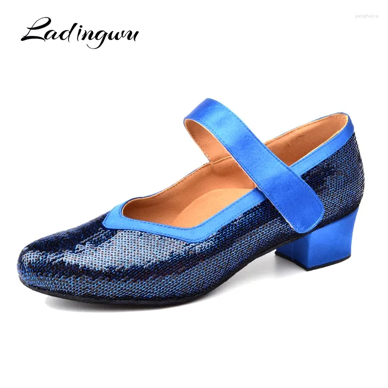 Chaussures de danse Ladingwu salon pour femmes filles latines basse bleu carré carré de fond doux talon de danse 2,5 cm