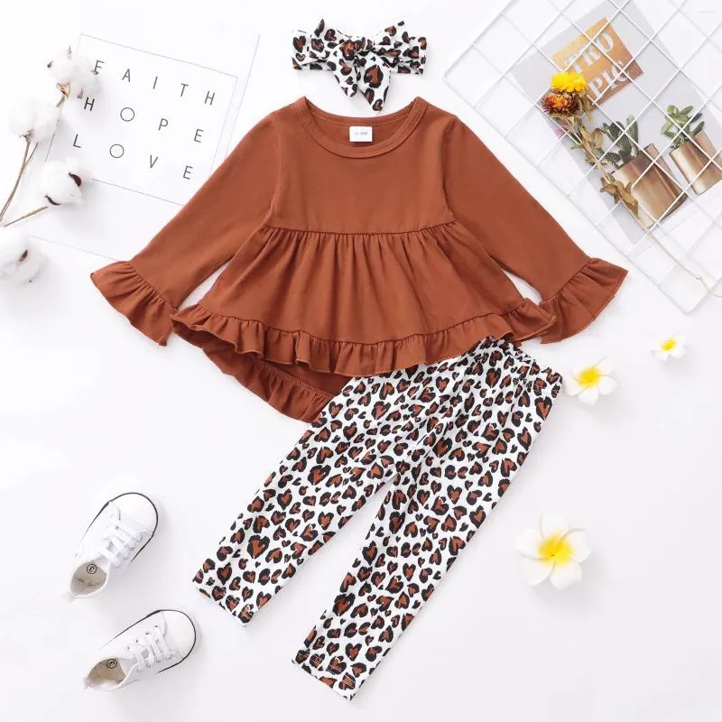 Kledingsets 3 stks babymeisje kleren peuter oorzakelijke outfit ruche ruches lange mouw shirt luipaard print pants set herfst winter voor