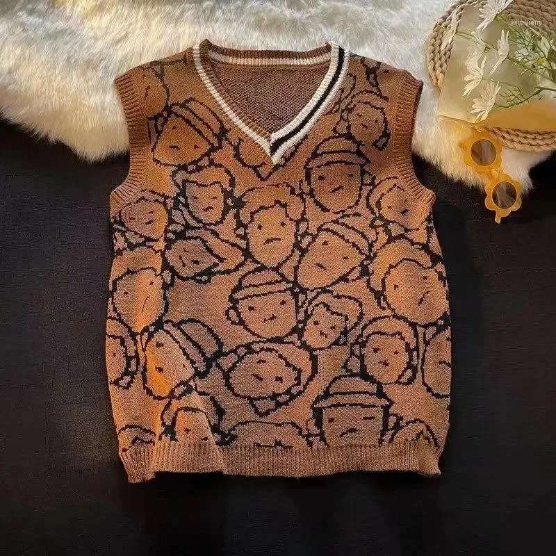 Herenvesten mouwloze schattige man kleren vest zwart v nek vest gebreide truien voor mannen bruine vintage Japanse harajuku mode y2k