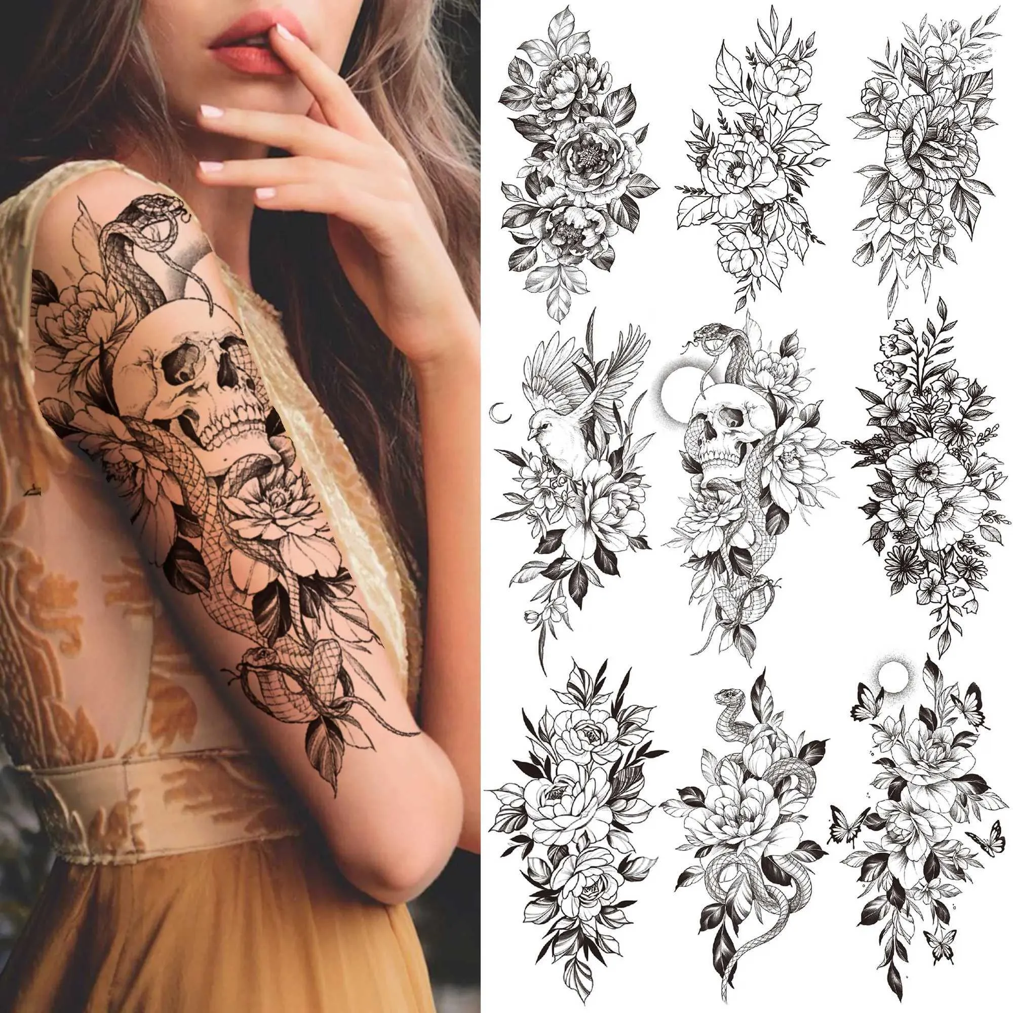 Tattoo Transfer Death Skull Flower Tijdelijke tattoo voor vrouwen Girls Snake Bird Peony Tattoo Sticker Black Fake Blossom Sexy Tatoo Transfer Adult 240427