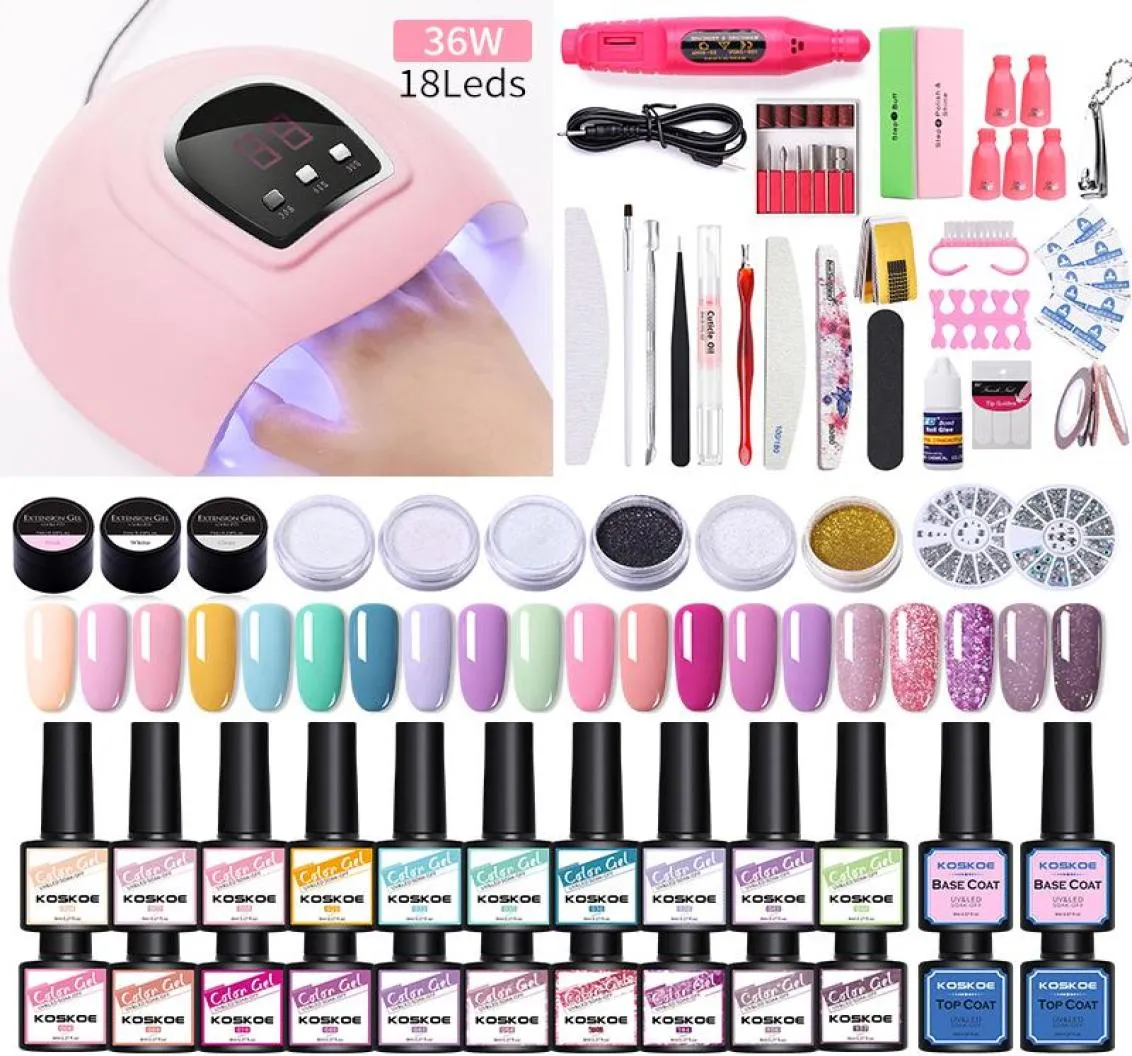 Koskoe Nail Set met 36W UV Dryer Lamp Kit 1020 Bottle Nail Polish Gel Set boormachine Gereedschap Glitter Full5577651