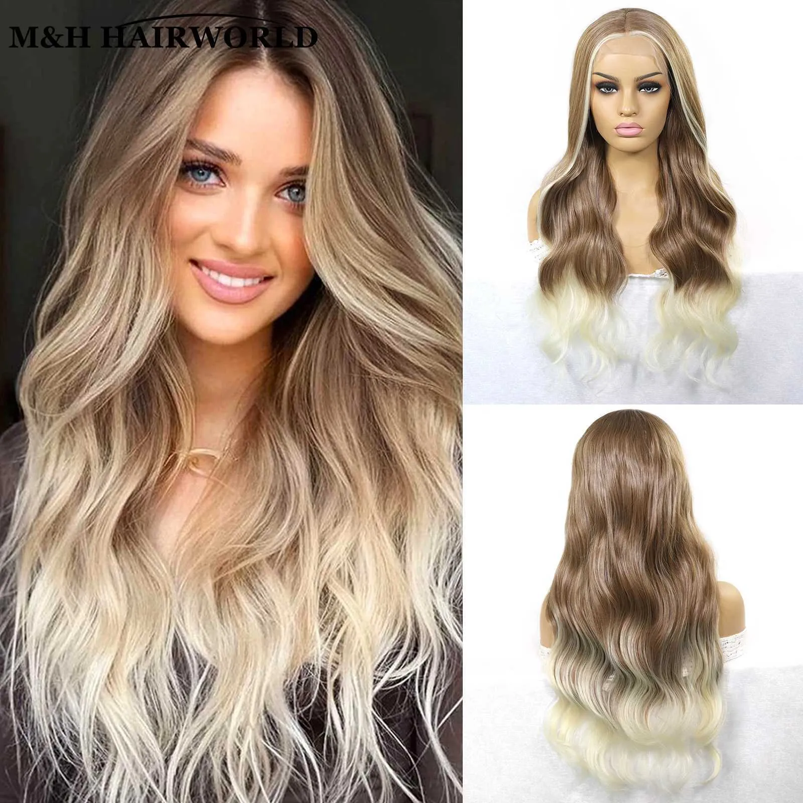 Synthetic Wigs Ombre blonde curly synthetic lace front wig suitable for women ginger brown role-playing long wave no glue Q240427