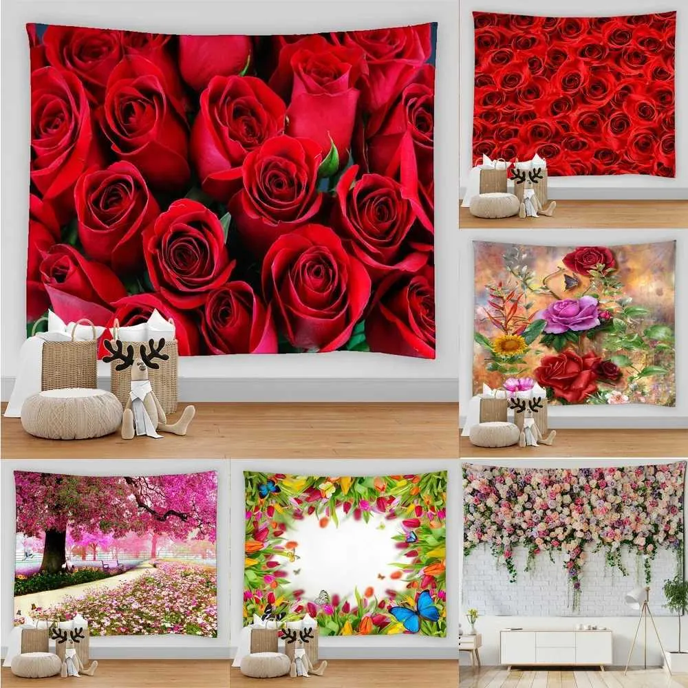 タペストリー3d印刷された美しい花タペストリー赤いバラの壁ぶら下がっているランドスケープアート喘息室の装飾タペストリーホームベッドルームの装飾