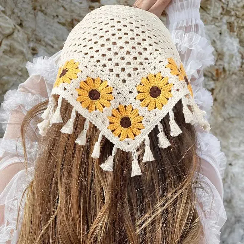 Bandanas Durag Awaytr French Vintage Tassel gebreide meisjes driehoeks sjaal hoofdteksel reizen schattige zonnebloem gehaakte kunst hoofdtoets dames hoofddeksel 240426