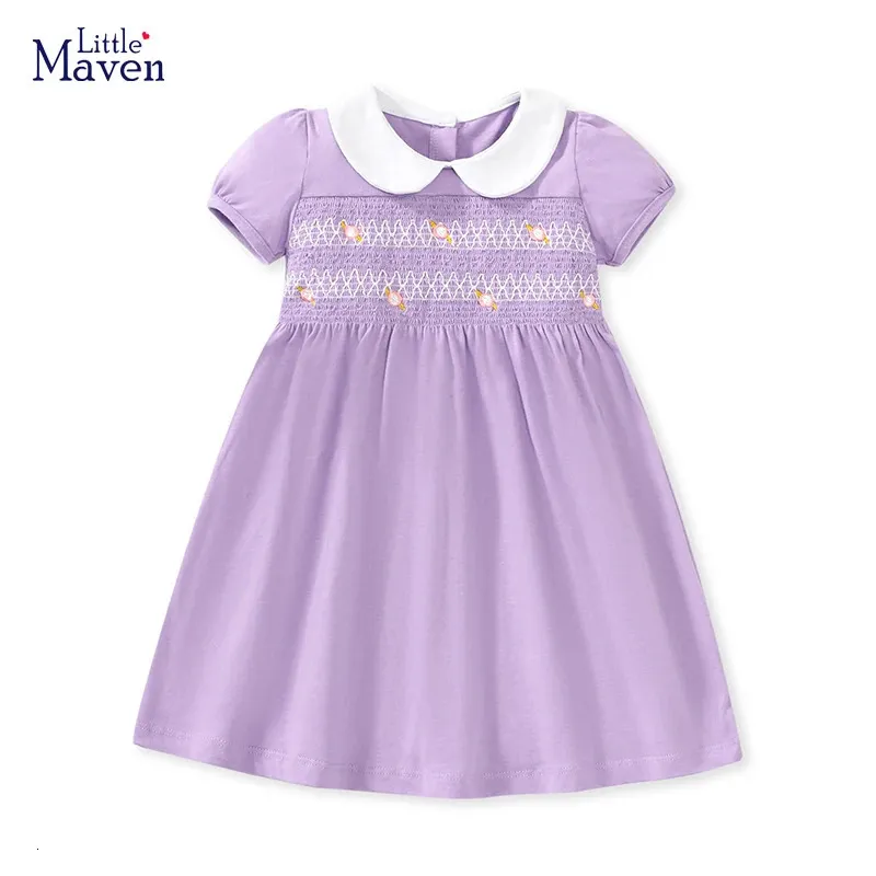 Little Maven 2024 Summer Party Purple Dress Suitable for Girls Childrens Clothing Cartoon Embroidered Cotton 240424