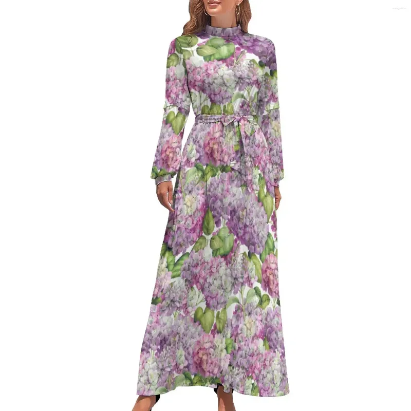 Casual jurken Hydrangea bloemenjurk lange mouwen roze lavendel afdrukken vintage maxi high neck straat modeontwerp bohemia lang