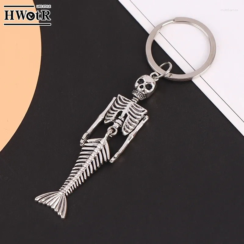 Keychains 1st Antik Sliver Color Mermaid Skeleton Key Chains Skull Ring for Gift Men Halloween